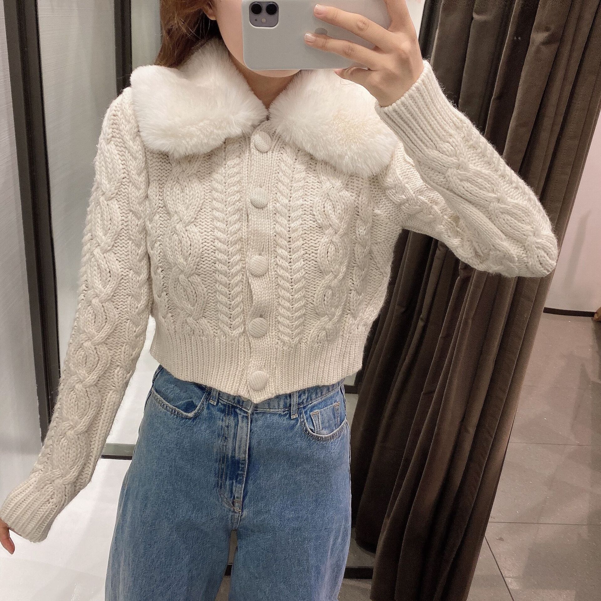 wholesale autumn faux fur effect women s stitching knitted cardigan jacket  NSAM3145