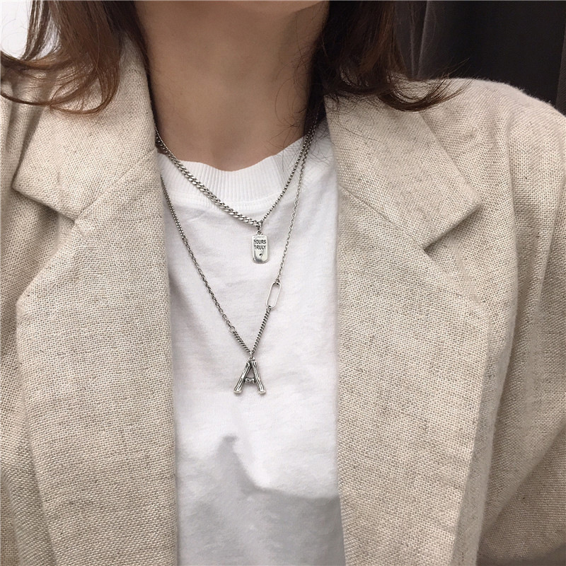Letter Square Brand Necklace Tank Chain Necklace Sterling Silver Silver Sweater Chain Neck Chain Trendy Women Stitching Round Beads Korea Dongdaemun