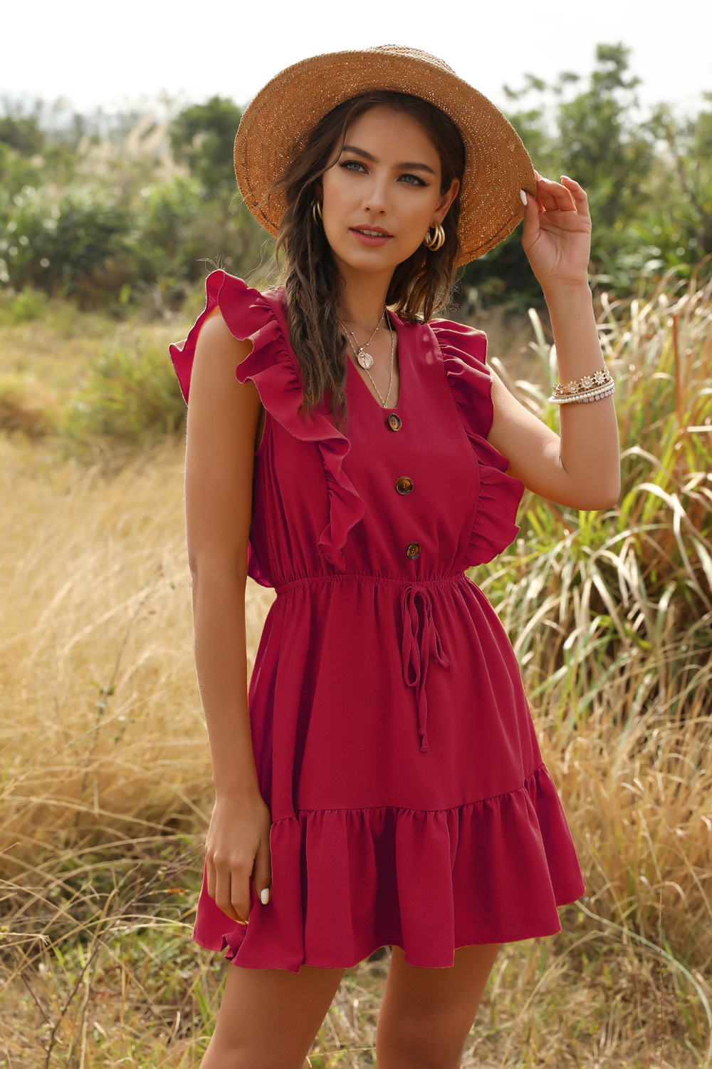 Vestido de encaje de burbuja con volantes con cuello en V amarillo nuevo de verano para mujer al por mayor NSDF426