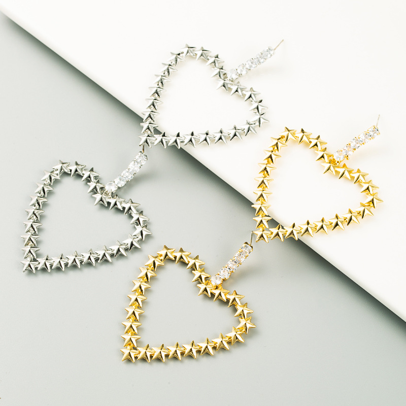 Exaggerated Golden Heart-shaped Alloy Inlaid Rhinestones S925 Silver Needle Fashion All-match Earrings Wholesale display picture 2