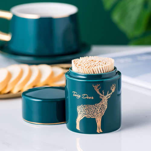 Light luxury emerald ceramic toothpick holder household toothpick box cotton swab storage box bucket restaurant hotel high-end toothpick jar