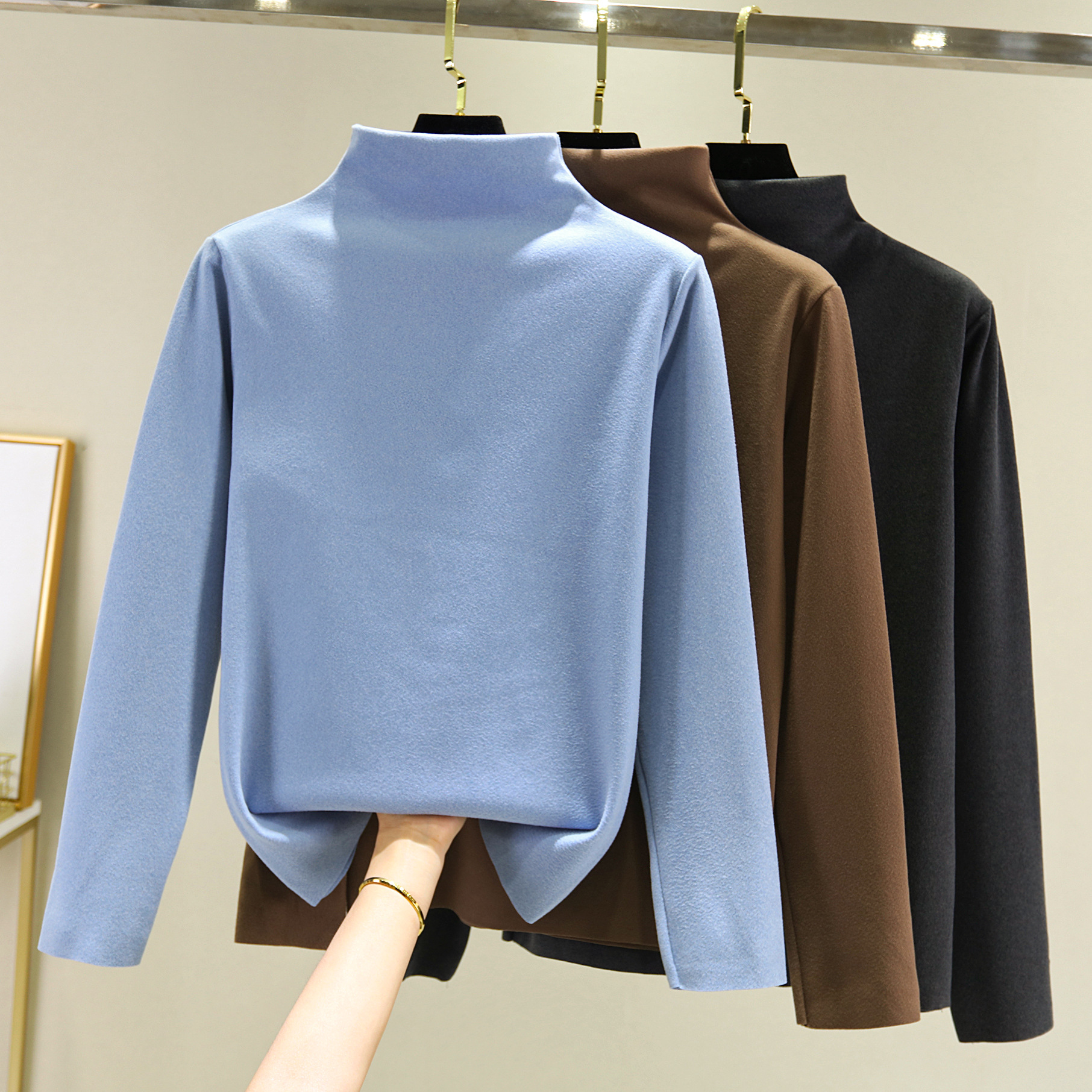 雙面德絨半高領打底衫女秋冬內搭加絨加厚長袖t恤百搭保暖棉上衣