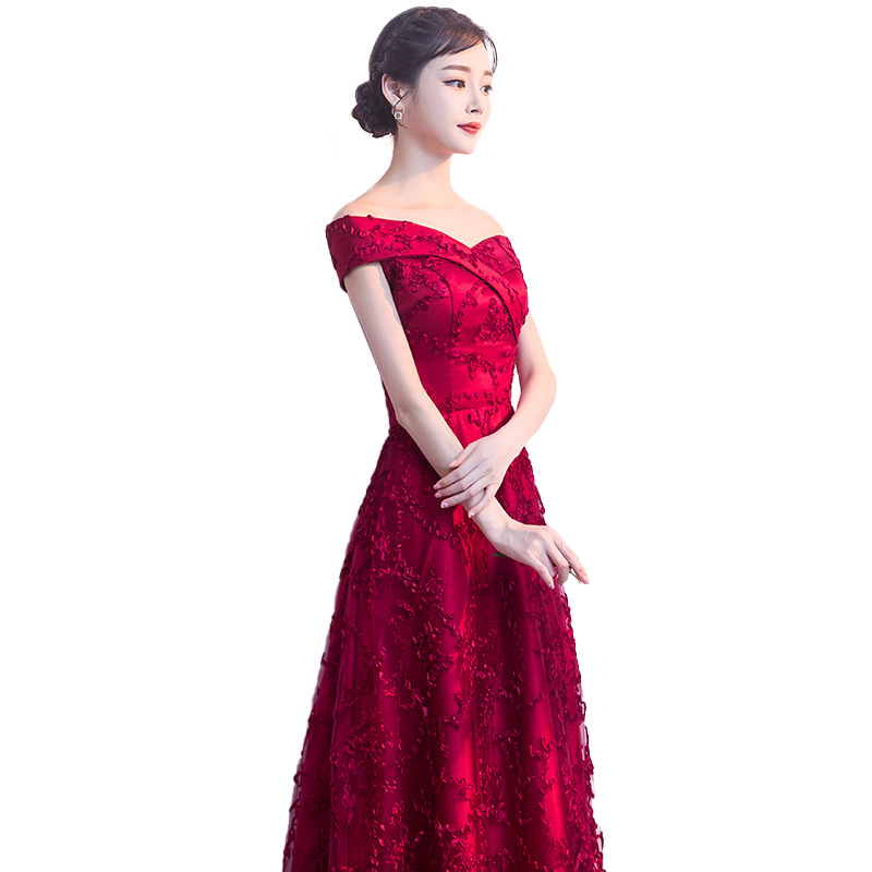 Rojo tostada vestido de novia 2024 otoño fuera del hombro largo elegante Banquete de verano y otoño vestido de noche para las mujeres image 7