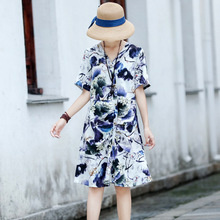 梅子青时原创棉麻女装 夏显瘦显腿长百搭收皱印花连衣裙