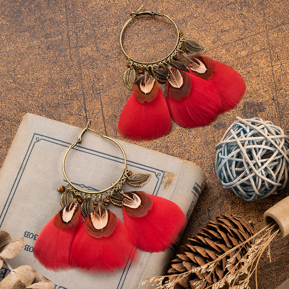 Retro Long Feather Tassel Earrings display picture 1