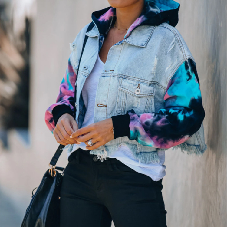 European And Beautiful Denim Jacket Color Matching Tie-Dye Ripped Fringed Jacket