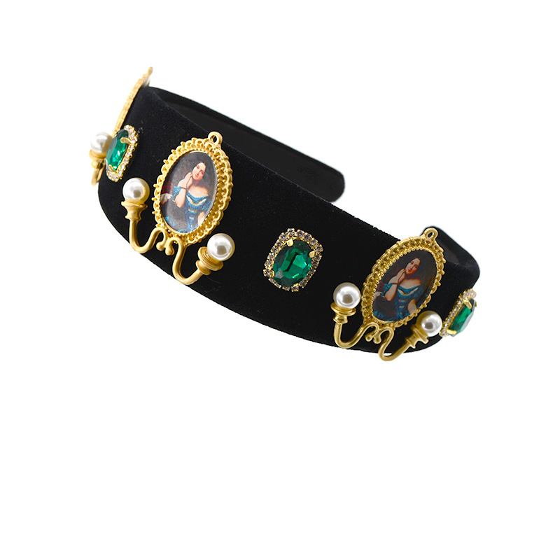 Black Color Headband For Women Simple Korean Elegant Imitation Pearl Hair Hole Baroque Retro Photo Frame Oil Painting Non-slip Headband