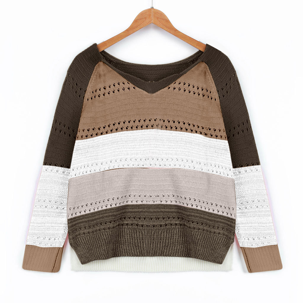 V-Neck Long-Sleeved Pullover Color-Blocking Sweater Top NSYF838