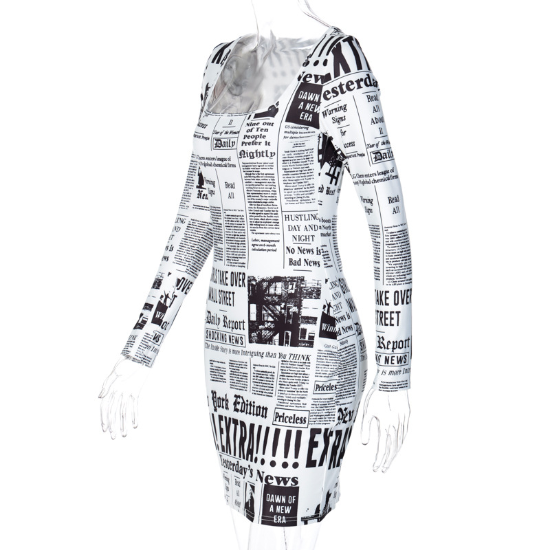 European and American popular printed newspaper dress 2020 autumn new
