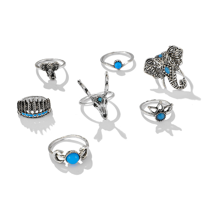 Europäischer Und Amerikanischer Neuer Grenz Überschreiten Der Schmuck Tier Hirschkopf Elefant Ring 7-teiliges Feder Mond Türkis Ring Set display picture 2