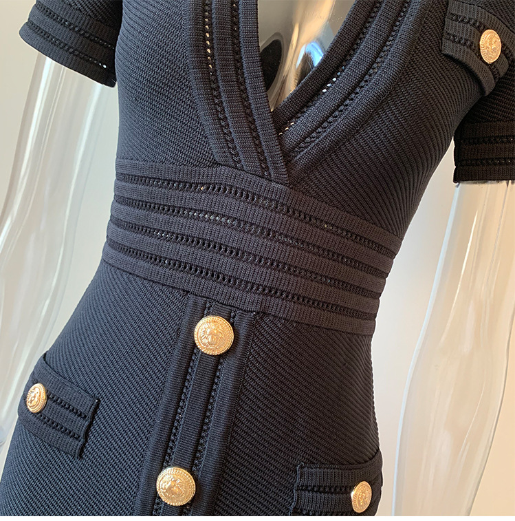 Spring Knitted Short Sleeved V neck Dress Sheath Army Green Black Texture