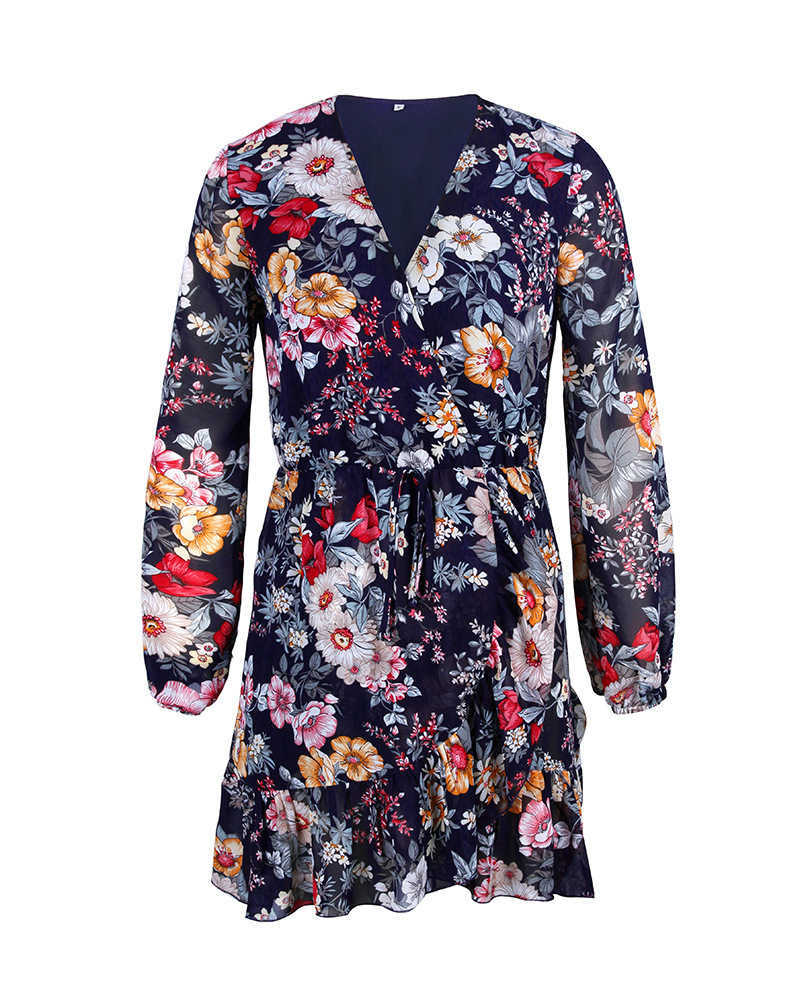 V-neck long-sleeved chiffon print dress  NSDY15647