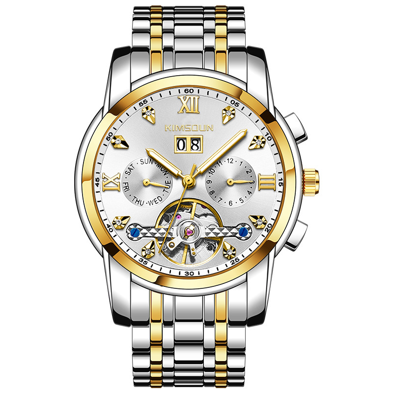 Kimsdun hombres correa de acero reloj mecánico automático calendario hueco volante impermeable reloj de pulsera mecánico K-1895A