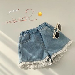 Women's denim shorts new Korean style children cute sweet comfortable soft denim shorts with lace trim