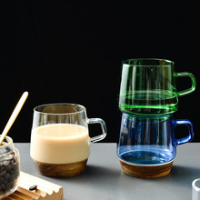 高硼硅彩色玻璃杯新款家用日式個性創意禮品帶木墊茶杯牛奶咖啡杯
