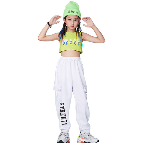 Girls jazz rapper singer street hip hop dance costumes cool jazz dance hip-hop clothing children fashion tide outfits girl shows green vest and pants