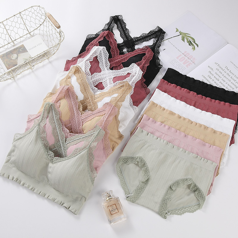 廠家直銷蕾絲彈力交叉肩帶性感美背裹胸聚攏女士內褲無縫無痕套裝