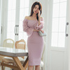 One line collar， slim fit， bubble sleeve， thin and buttock bottom dress