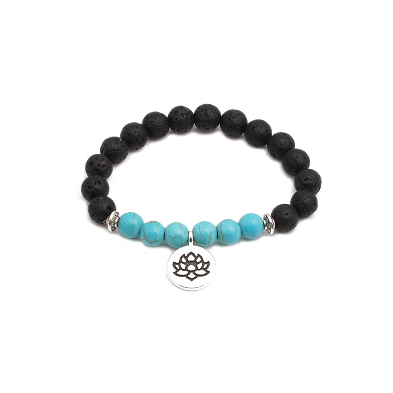 Volcanic Stone Lotus Bracelet Men&#39;s Beaded Flame Stone Blue Turquoise Bracelet display picture 1