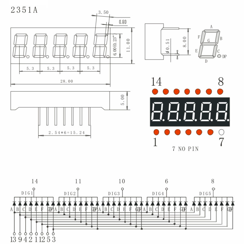 0.23 дюйма 5-символьная цифровая трубка (28×11×5 мм)