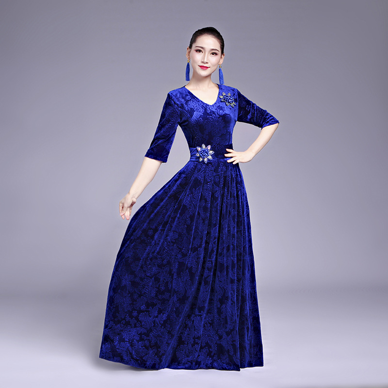 合唱服长裙2019新款成人丝绒大合唱服装红歌中袖民乐二胡演出服女-阿里巴巴