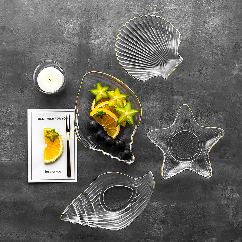 创意玻璃盘描金小吃碟海洋系列海星贝壳盘家用零食点盘子网红爆款