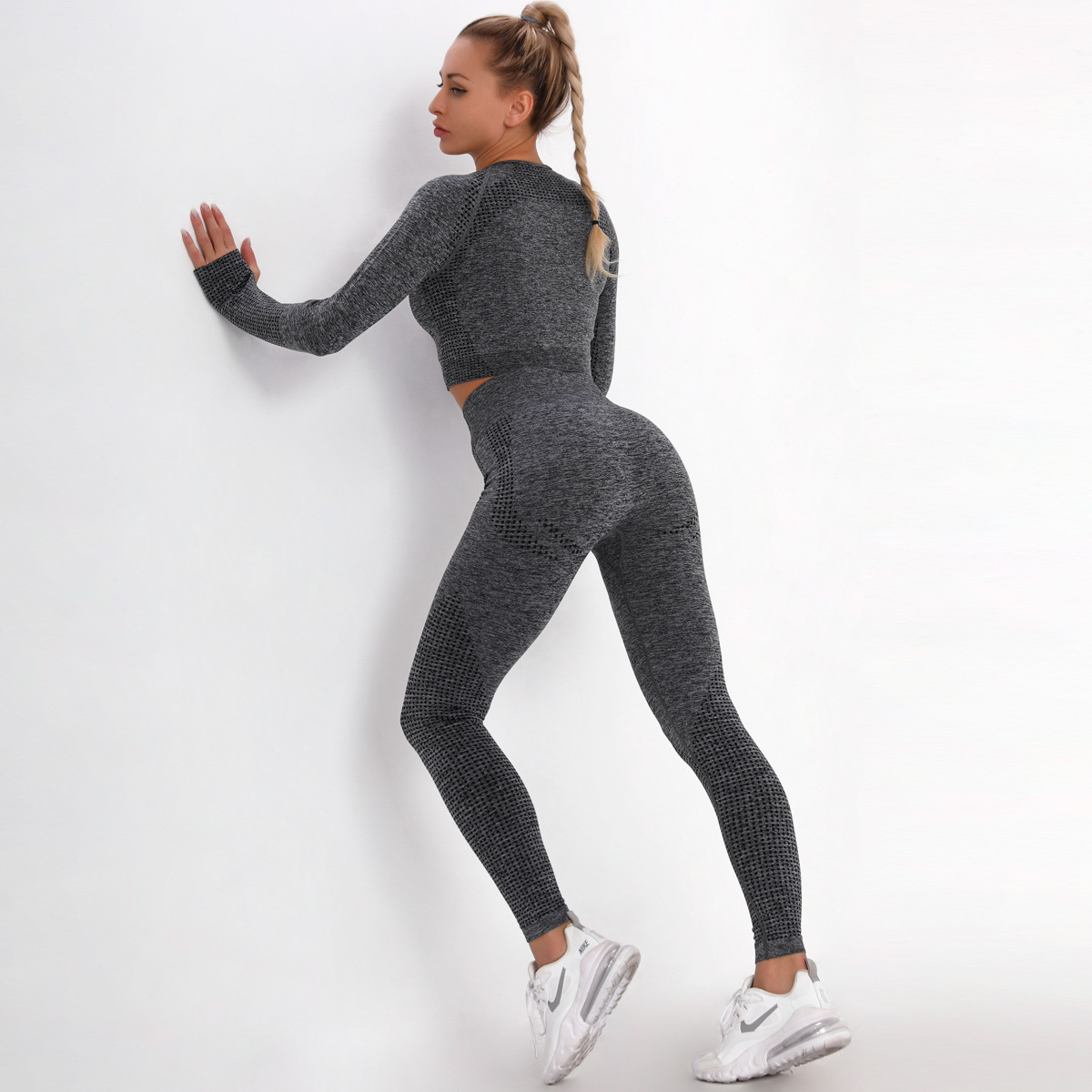 seamless knitted tight-fitting dot jacquard sports suit  NSLX8995