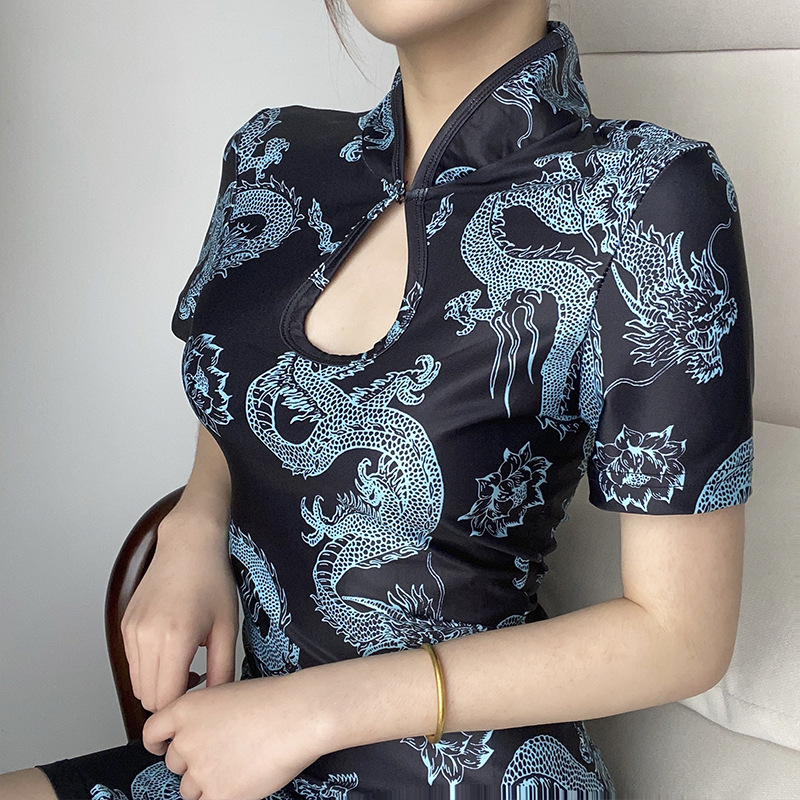 retro dragon print collar short-sleeved split cheongsam dress NSMEI54912