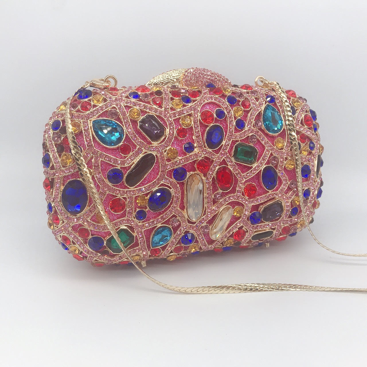 Túi clutch dạ hội nữ đính đá kim cương hộp cứng kim loại dây xích — Màu vàng chi tiết 9