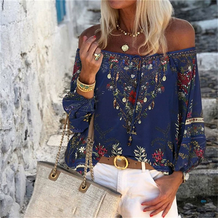 2021 Sexy Women Spring Autumn Ruffles Chiffon Tops Tees Floral Plus Size Belt Off Shoulder Casual Femme Blouse Shirt Befree Boho poet shirt