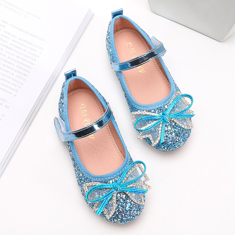 2022 new girls' Sequin crystal shoes little girls' flat sole shoes children's shiny bow banquet princess shoes