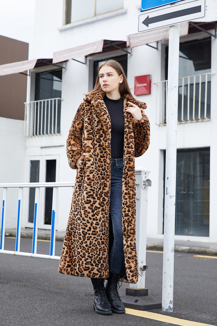 Womens Luxury Faux Fur Leopard Long Coat Lapel Trench Jacket Thick