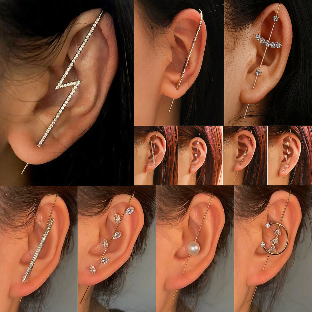 Embedded Diamond Simple Piercing Ear Needles Lightning Leaf Diagonal Stud Earrings display picture 1