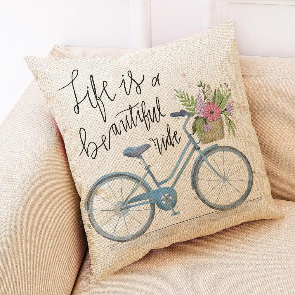 wish 亚马逊新款个性自行车棉麻抱枕套 汽车抱枕家居沙发靠垫定制