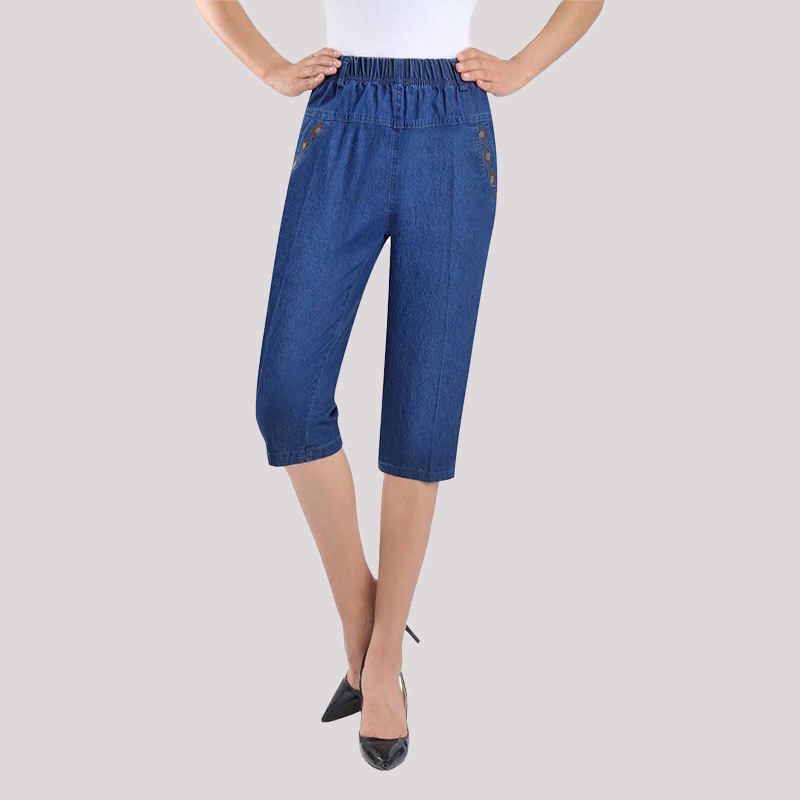 Summer Thin Middle-aged Women High Waist Large Size Cropped Jeans Stretch Mom Pants Elastic Waist Straight Shorts