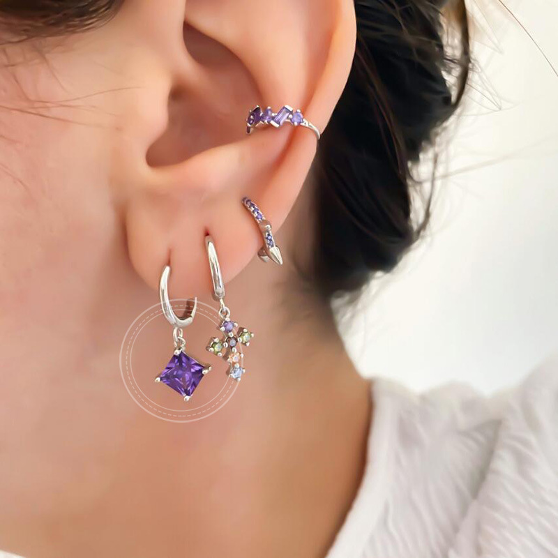 Ins White/purple Square Zircon Pendant Sterling Silver Needle Hoop Earrings For Women Europe And America Cross Border Round Studs display picture 4