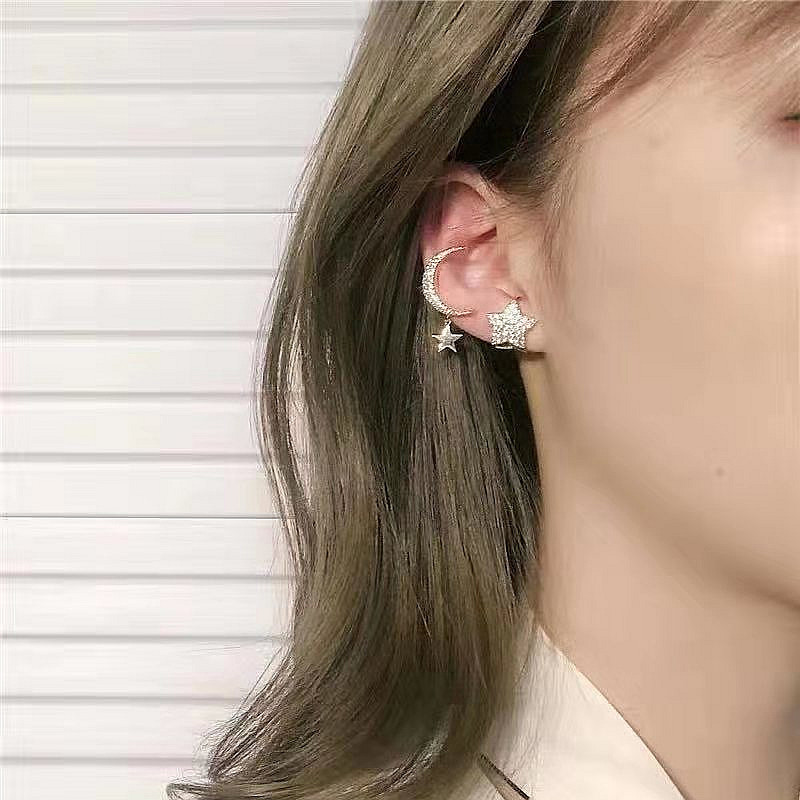Korean Fashion Exquisite Pierced Ear Bone Clip Pearl Earrings Pentagram Star Moon Leaf Ear Clip display picture 1