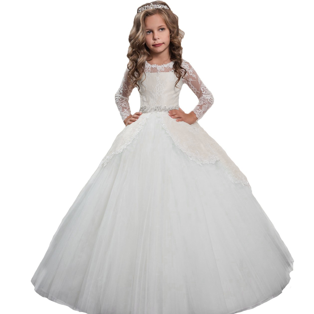 Vestidos de novia para niñas de estilo europeo y americano para comercio transfronterizo, vestido largo de princesa con encaje y mangas largas para otoño e invierno, ropa infantil.
