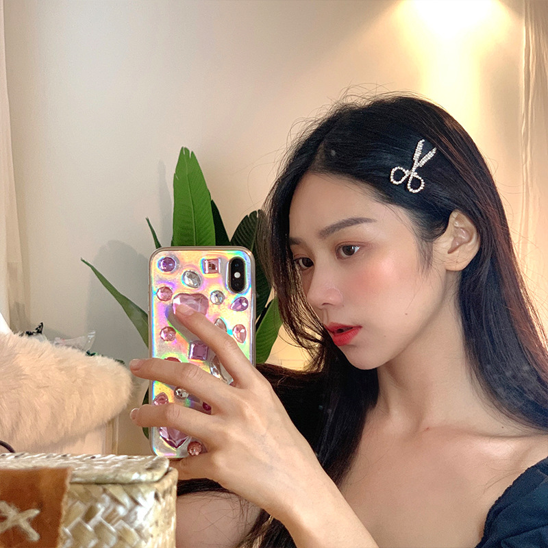 海藍藍韓國設計感手工鑲鑽剪刀發夾 氣質ins網紅邊夾頭飾 發卡女