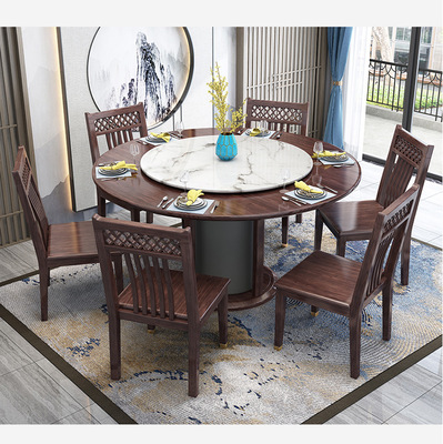 高端新中式红橡木圆桌一桌六椅四椅禅意轻奢全实木餐桌椅组合别墅|ms