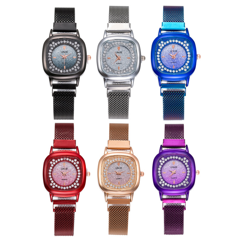 Orologio con cinturino in rete da donna con borchie quadrate, versione coreana, di fascia alta, versione coreana, semplice e versatile, con quadrante diamantato femminile_voghion.com