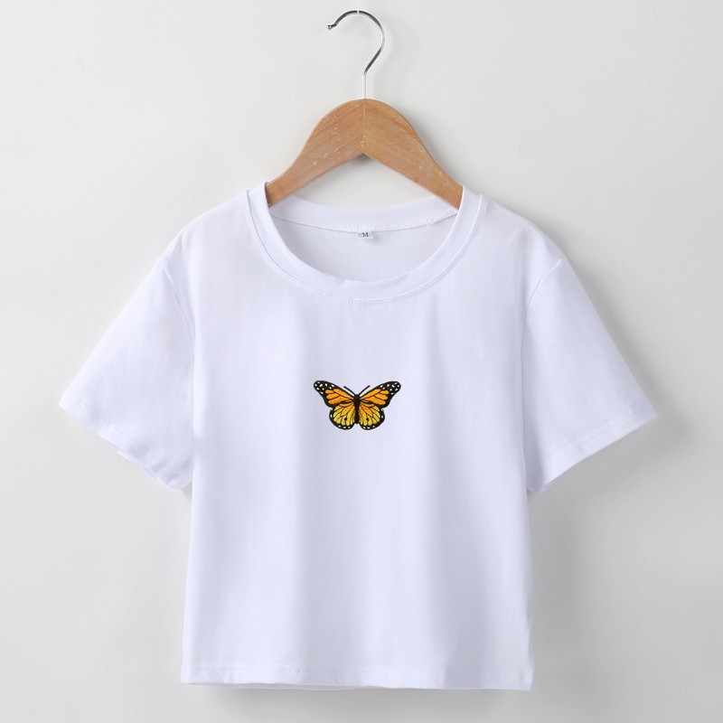 Butterfly Embroidered Short-Sleeved Cropped Top NSOSY111513