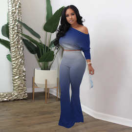 现货 跨境精品亚马逊独立站露肩斜肩渐变纯色喇叭裤两件套 女装