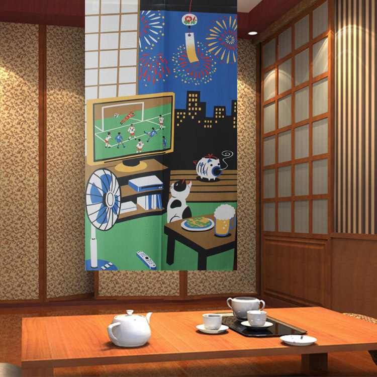 Japanese-Style Fabric Digital Print Door Curtain with a Cute Cartoon Design of Cats Watching Tv, Suitable for Children's Rooms, in Blue Japanese-Style Fabric Digital Print Door Curtain with a Cute Cartoon Design of Cats Watching Tv, Suitable for Children's Rooms, in Blue