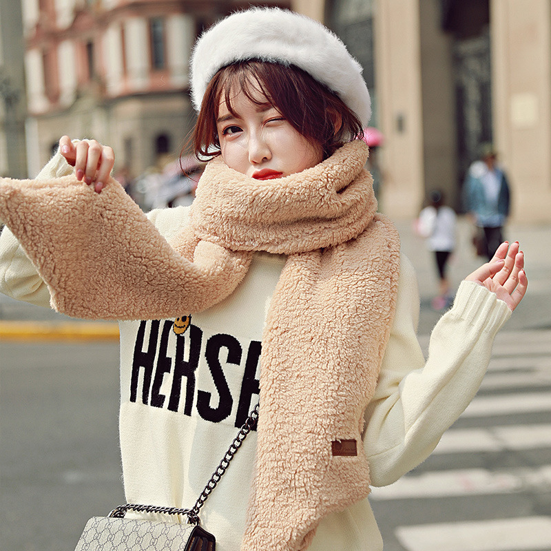 毛绒围巾女冬款羊羔毛韩版交叉围脖加厚保暖学生百搭护颈调节脖套|ms