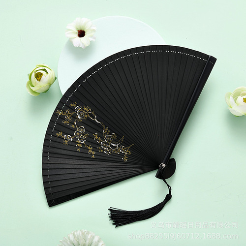 Chinese Fan Chinese Hanfu hand Fan National black cheongsam dance all bamboo Japanese and folding fan easy to open alloy spray painted Plum Blossom Fan