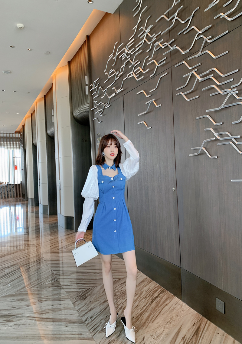 Đầm cổ búp bê tay phồng dáng suông — Màu xanh lam chi tiết 7