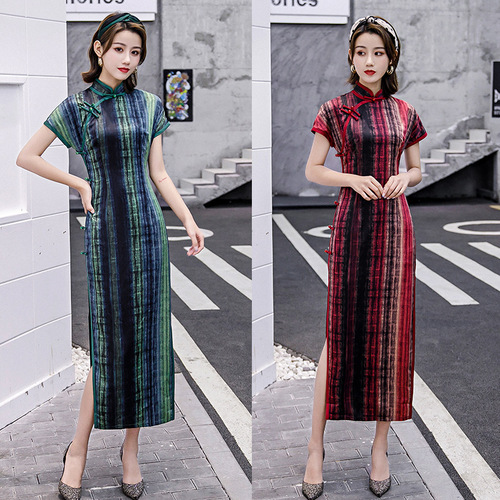 Chinese Dress cheongsam for womenRetro cheongsam short sleeve long cheongsam skirt