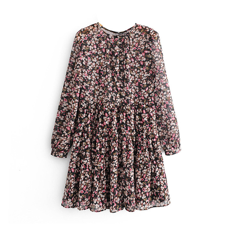 Casual Round Neck Puff Sleeve Floral Printed Chiffon One-piece Skirt NSGE37867