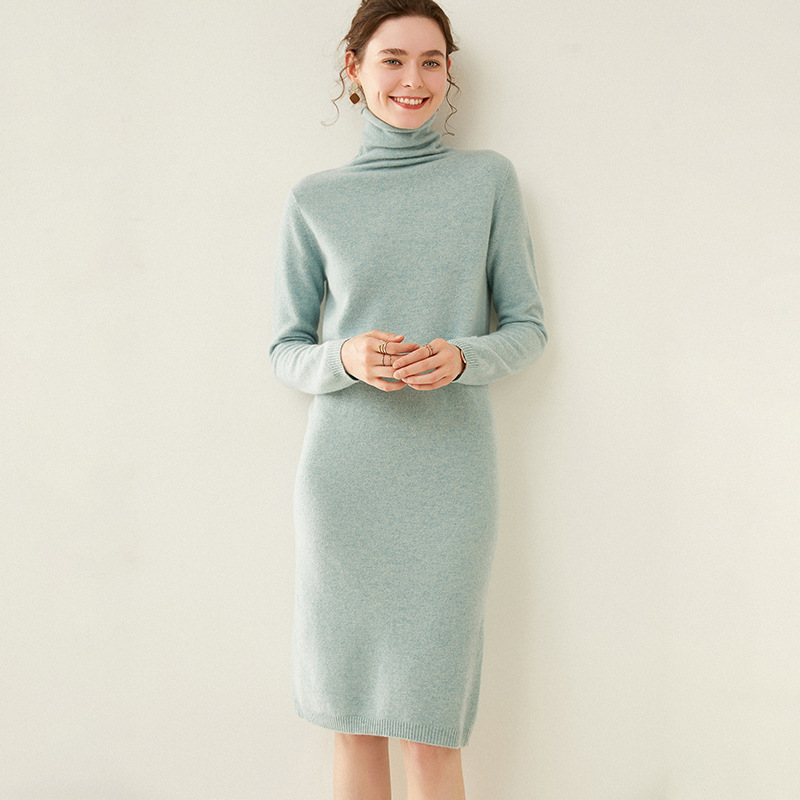 秋冬新款堆领羊绒针织连衣裙中长款过膝显瘦羊毛衫毛衣打底衫长裙
